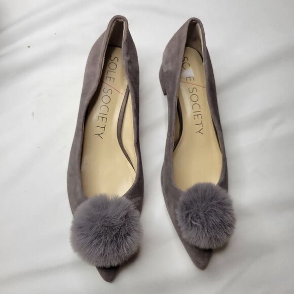 7 SOLE SOCIETY suede pom pointed leather block heel pointy flats w/ faux fur - Picture 3 of 14